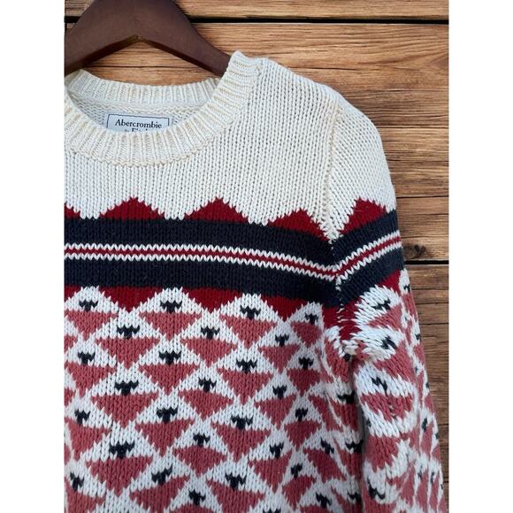 Abercrombie & Fitch Fair Isle Crewneck Ivory Red Blush Blue Sweater size Small - Picture 3 of 10